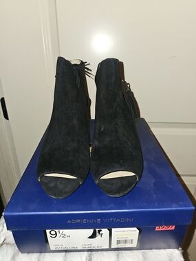 Adrienne Vittadini Black Suede Peep-Toe Ankle Booties with Tassel Zip